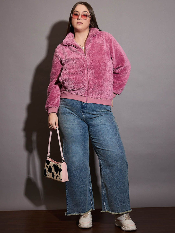 SASSAFRAS Curve Women Mock Collar Self Design Faux Fur Plus Size Casual Tailored Jacket