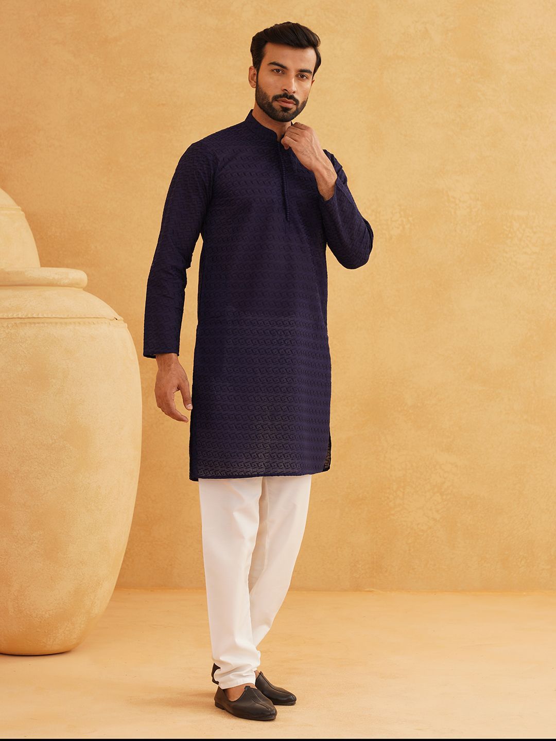 SOJANYA Ethnic Motifs Chikankari Band Collar Pure Cotton Straight Long Kurta