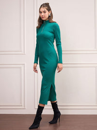 SASSAFRAS High Neck Front Zipper Sheath Midi Dress