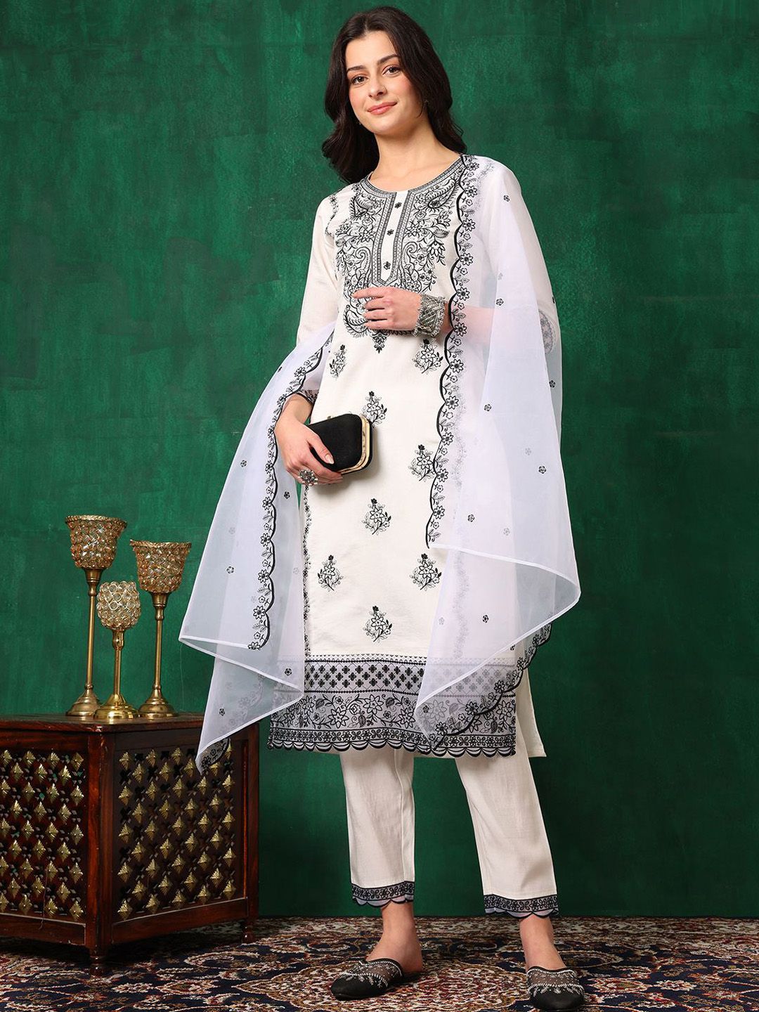 KALINI Women Embroidered Regular Thread Work Chanderi Cotton Kurta with Trousers & With Dupatta