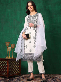 KALINI Women Embroidered Regular Thread Work Chanderi Cotton Kurta with Trousers & With Dupatta