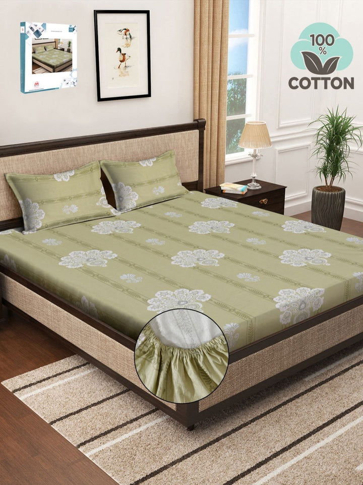 Myntra Elegant Homes Olive Ethnic Motifs Pure Cotton 400 TC Fitted King Superfine Bedsheet with 2 Pillow Covers-250 x 225 cm
