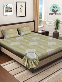 Myntra Elegant Homes Olive Ethnic Motifs Pure Cotton 400 TC Fitted King Superfine Bedsheet with 2 Pillow Covers-250 x 225 cm