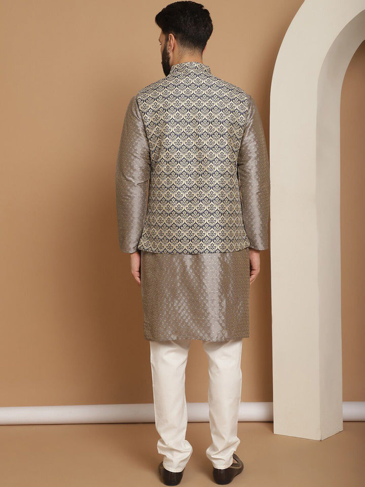 Motif Etnik Kelabu Anouk Rekaan Tenun Kurta Lurus Dengan Jaket Churidar & Nehru