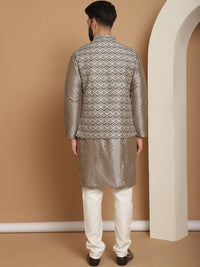 Motif Etnik Kelabu Anouk Rekaan Tenun Kurta Lurus Dengan Jaket Churidar & Nehru