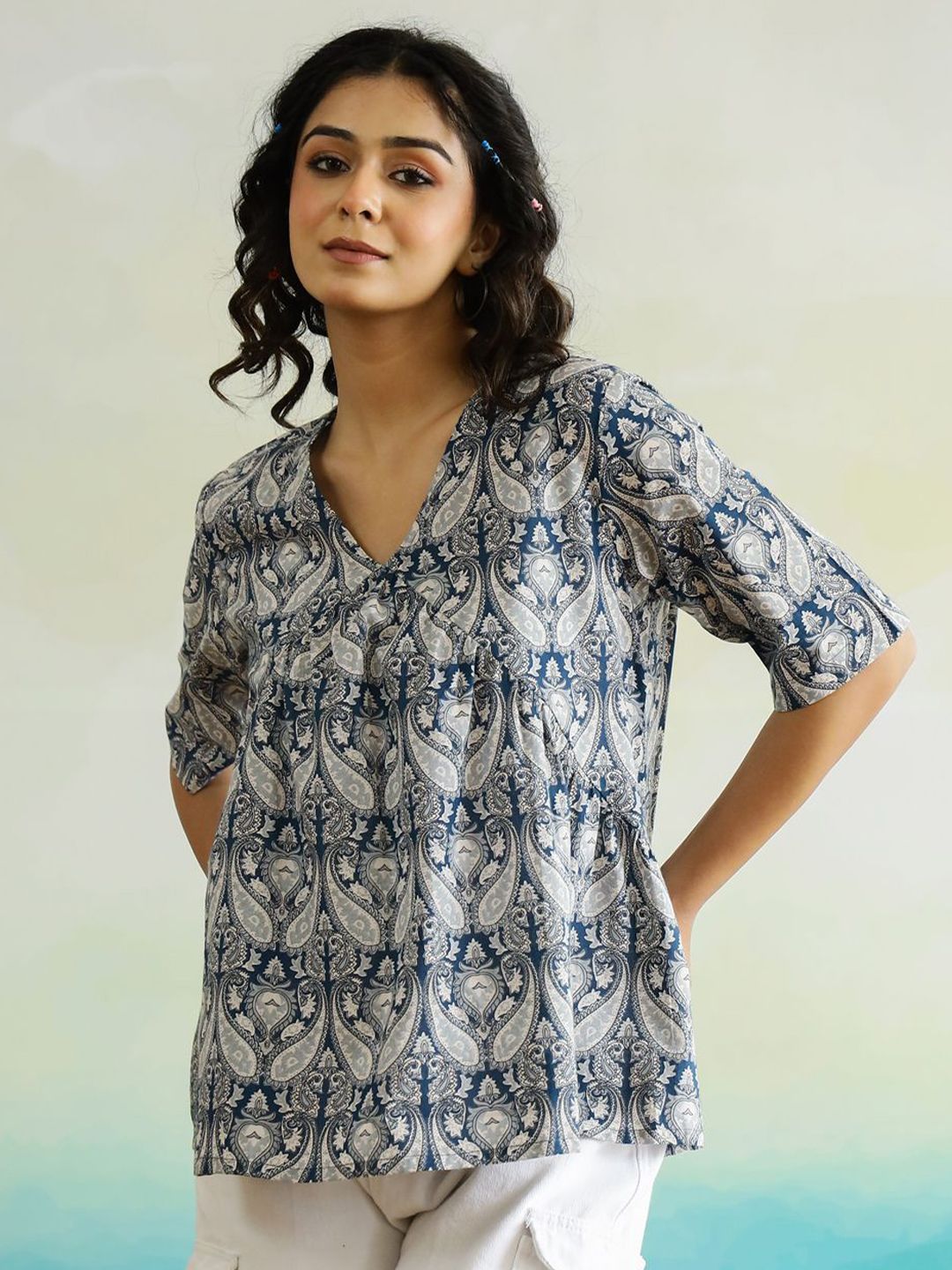 SANSKRUTIHOMES Women Ethnic Motifs Printed Pure Cotton Top