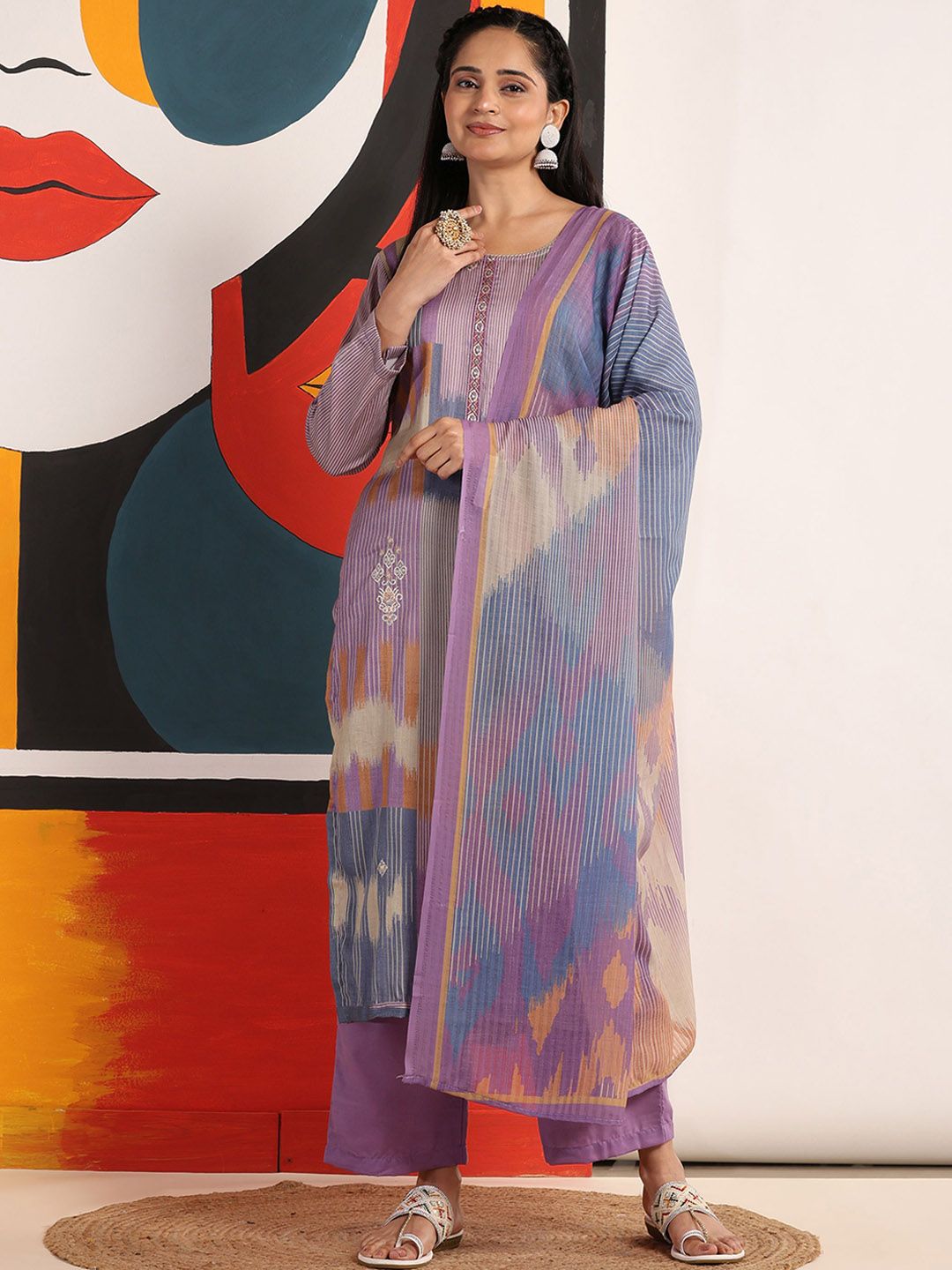 Mamicha Wanita Bercetak Kurta Kapas Tulen Biasa dengan Palazzos & Dengan Dupatta
