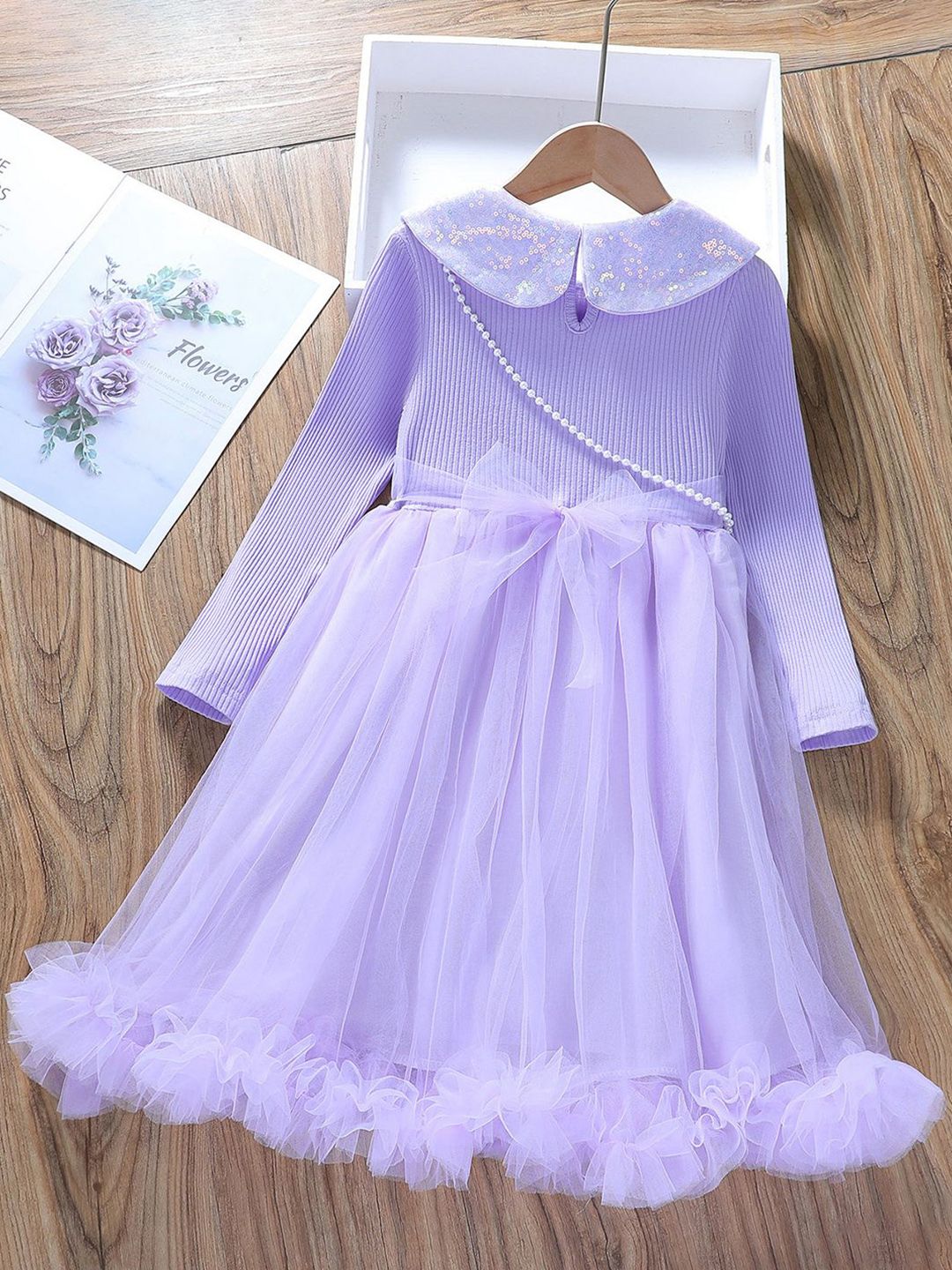 YK Kids Girls Solid Peter Pan Collar Fit & Flare Dress