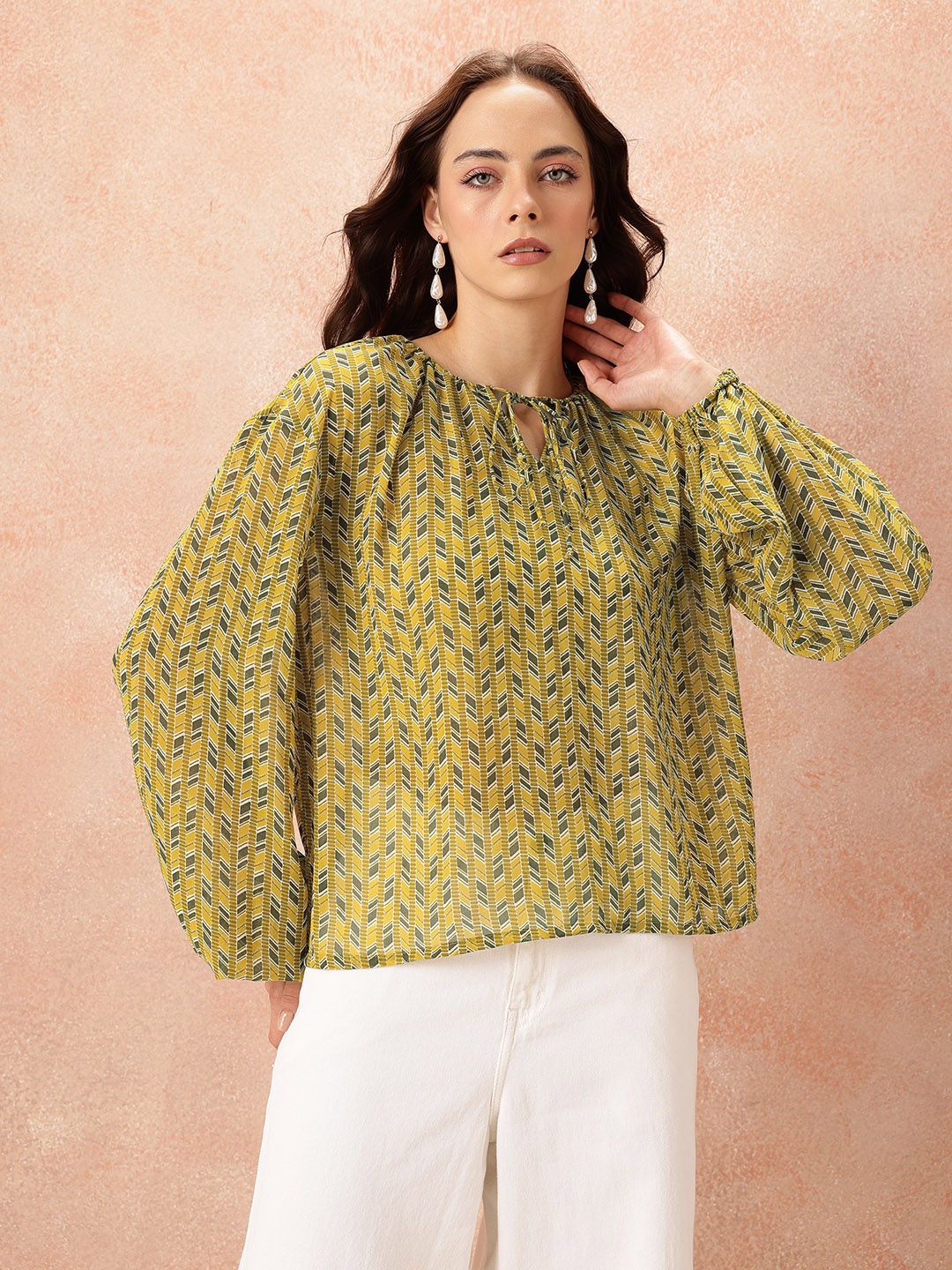 all about you Printed Tie-Up Semi Sheer Top