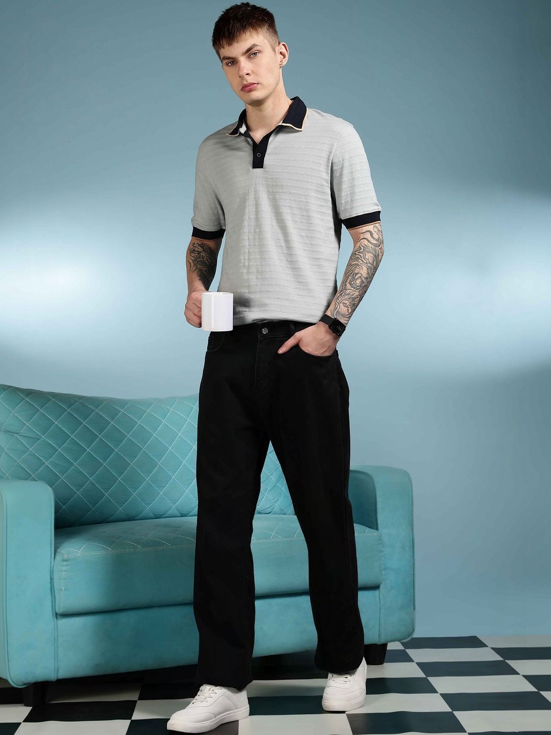 Eszett Classic Textured Self Design Cotton Polo Collar Short Sleeves T-shirt