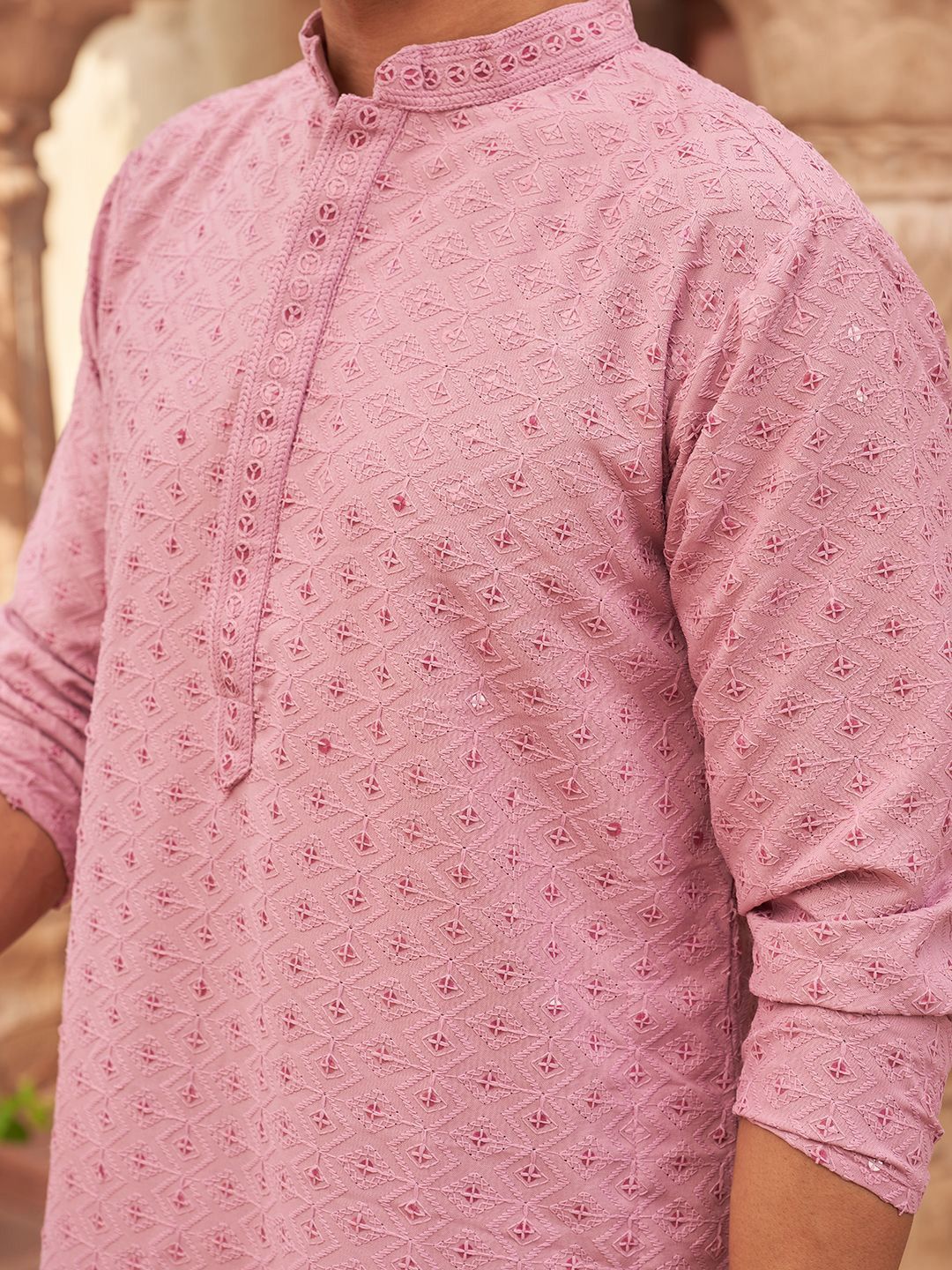 JOMPERS Geometric Collar Mandarin Collar Sequinned Straight Kurta