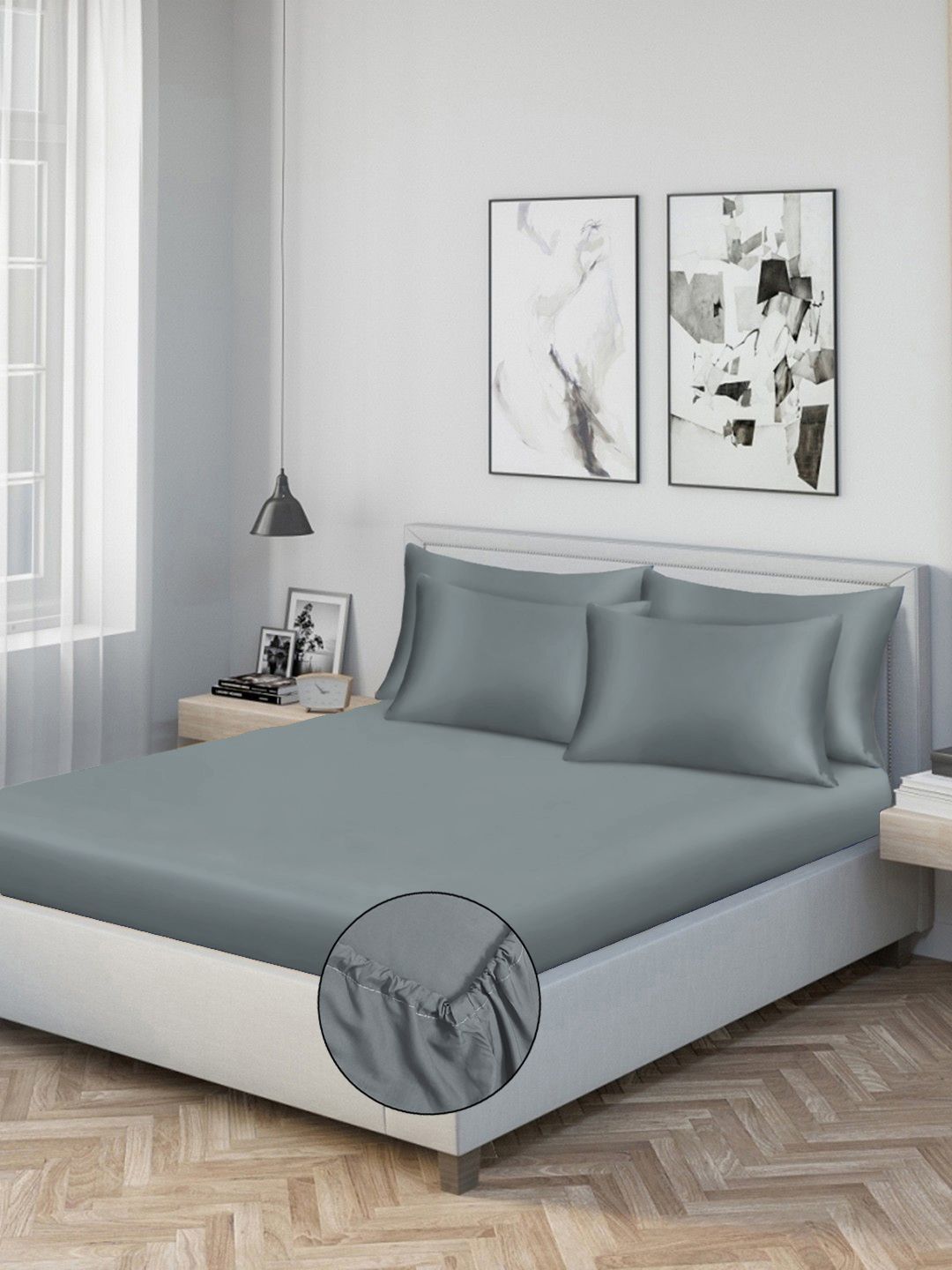 Myntra Elegant Homes Grey 300 TC King Bedsheet with 2 Pillow Covers