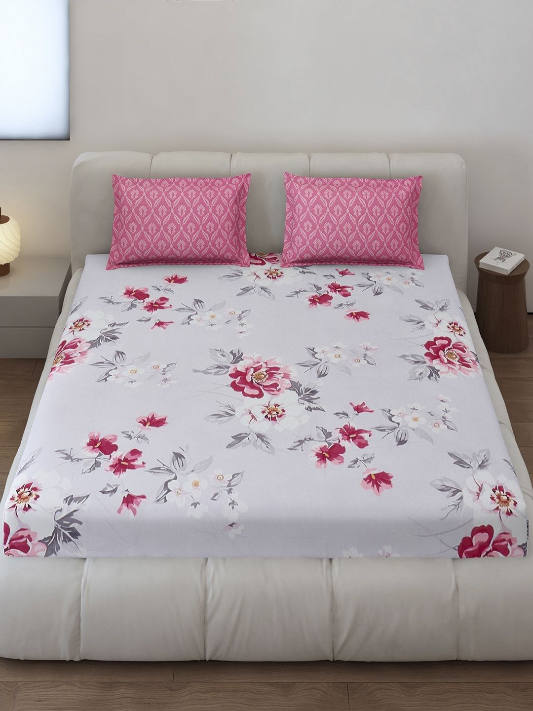 Monte Carlo Stanley Magenta & Grey Floral Printed 144 TC King Bedsheet Set 1.85 m x 1.95 m