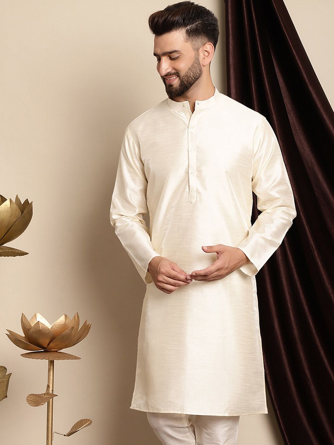 Kurta Lurus Kapas Sutera Warna Krim Anouk