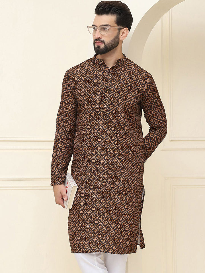 SOJANYA Ethnic Motifs Printed Band Collar Pure Cotton Straight Kurta