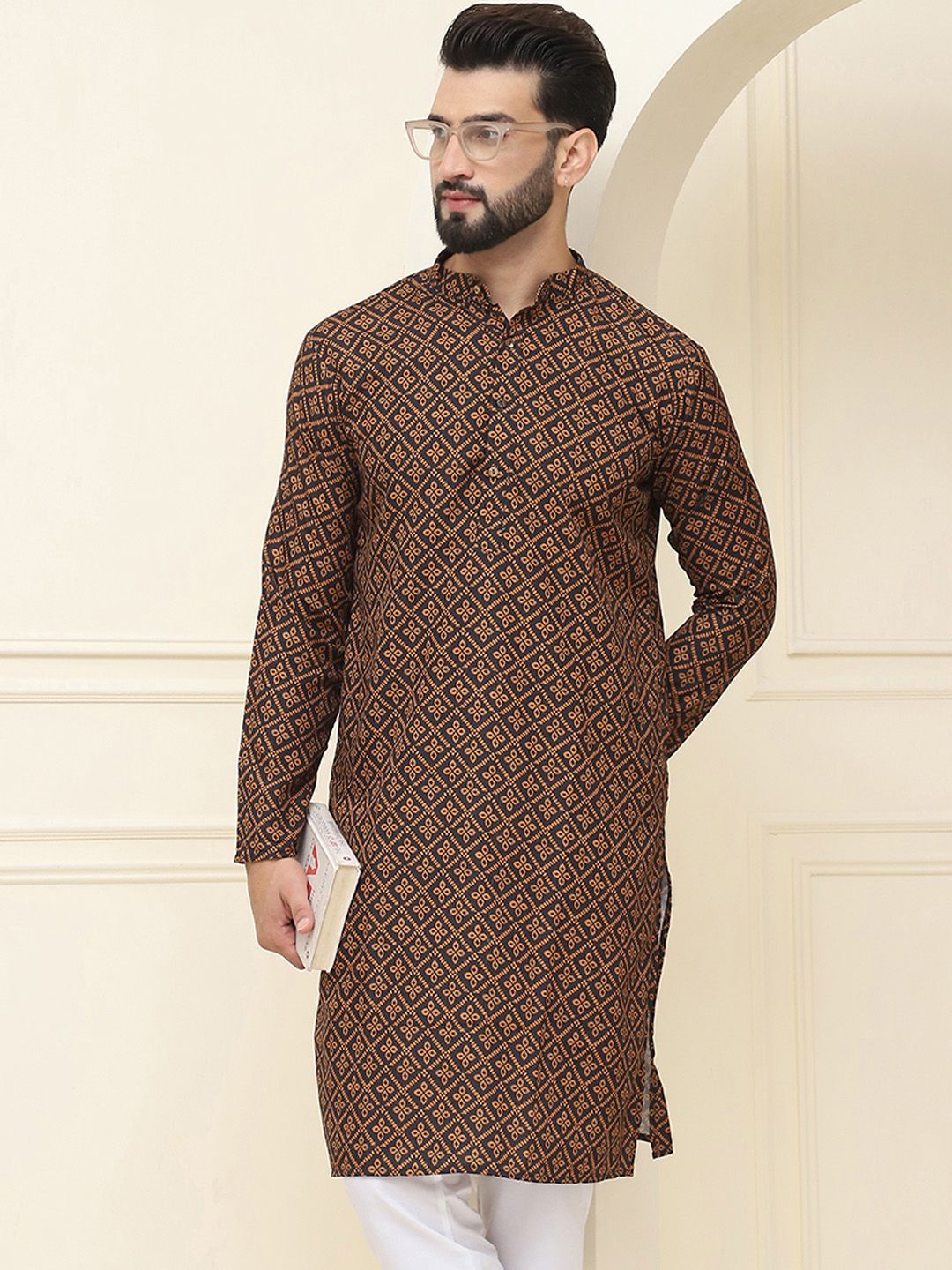SOJANYA Ethnic Motifs Printed Band Collar Pure Cotton Straight Kurta