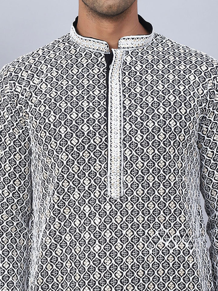Jompers Chikankari Embroidered Mandrian Collar Cotton Straight Kurta