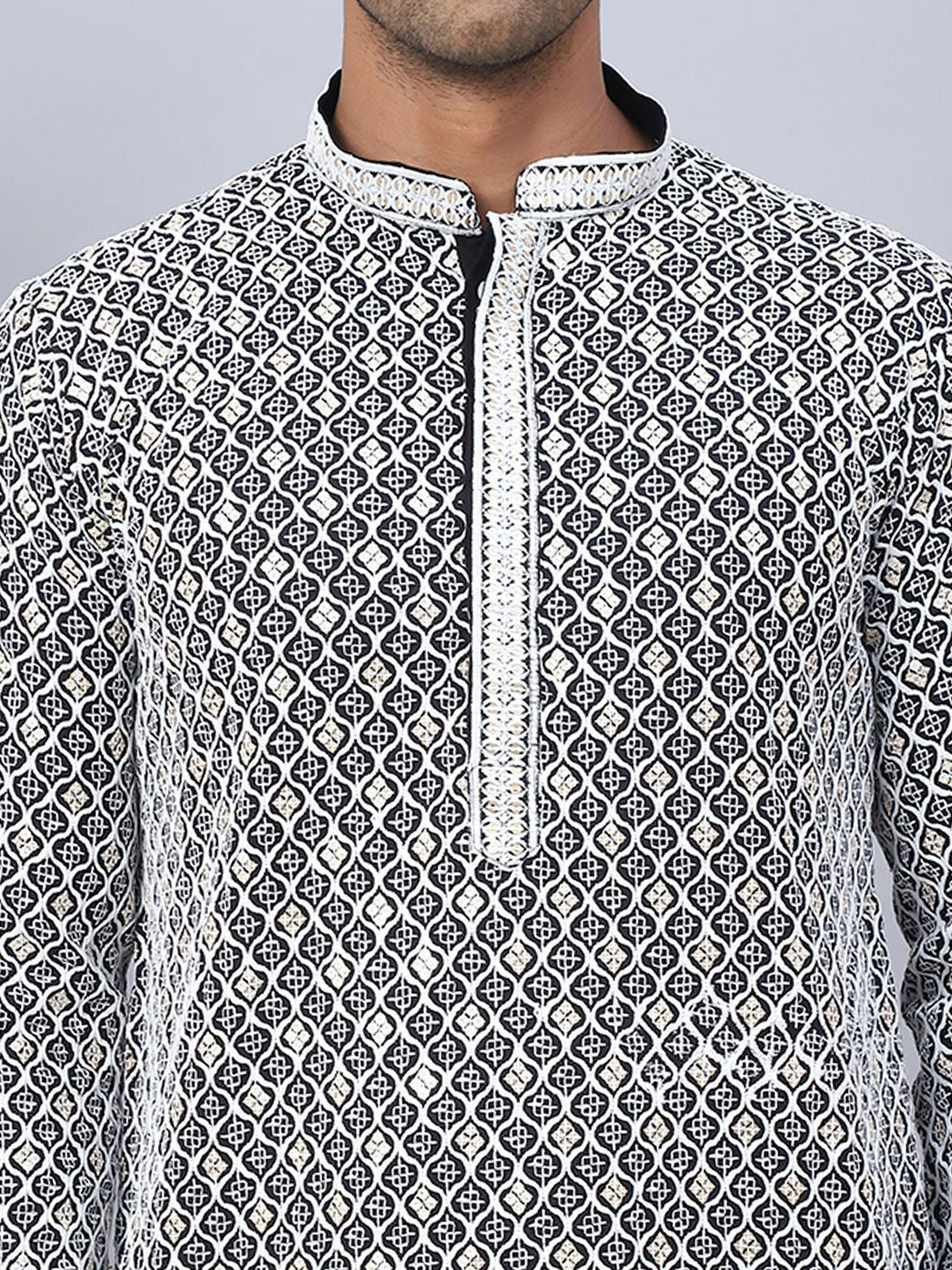 Jompers Chikankari Embroidered Mandrian Collar Cotton Straight Kurta