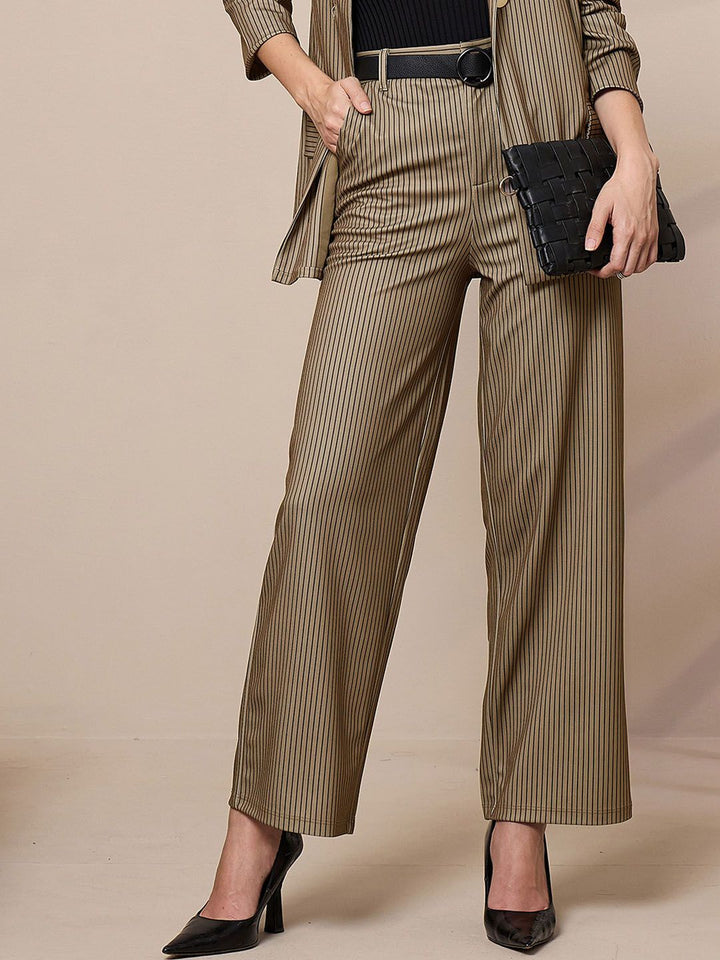 SASSAFRAS worklyf Women Striped Relaxed Straight Leg High-Rise Trousers