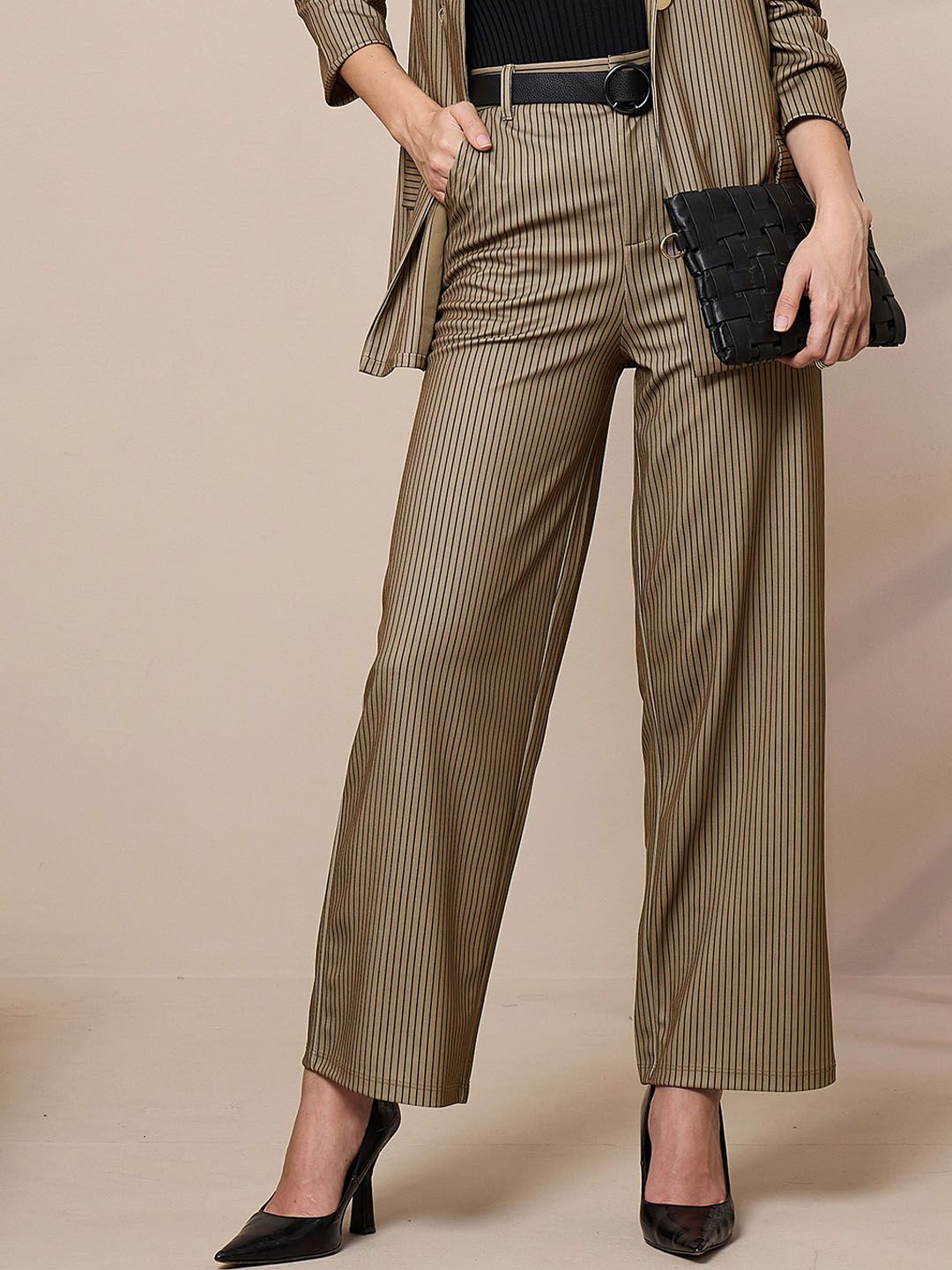 SASSAFRAS worklyf Women Striped Relaxed Straight Leg High-Rise Trousers