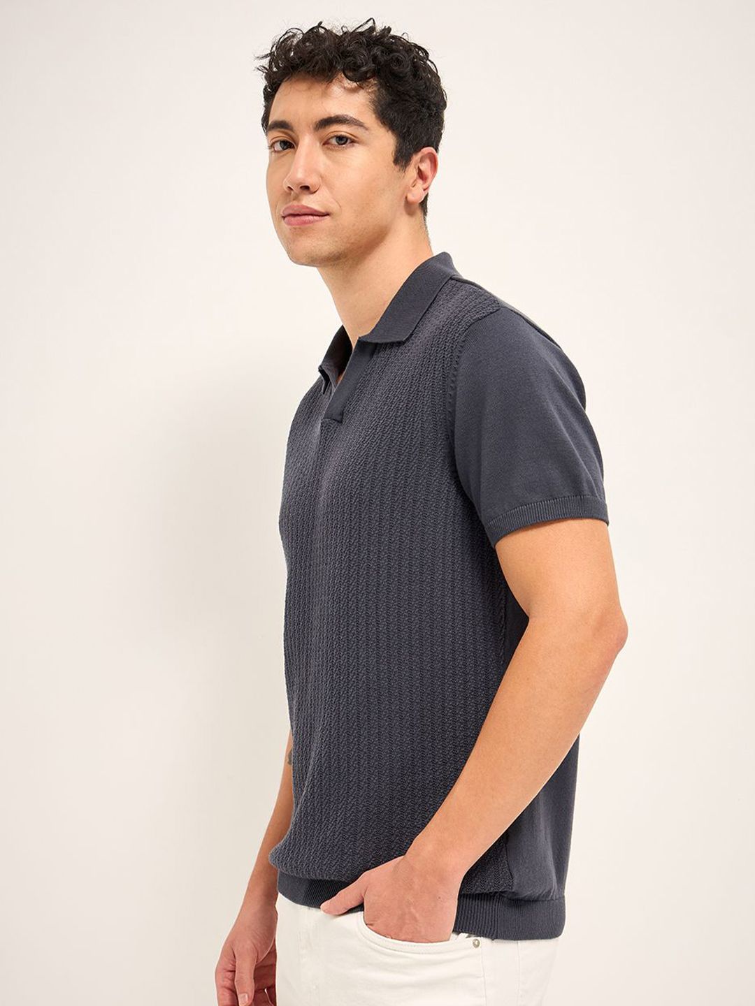THE BEAR HOUSE Men Self Design Polo Collar Cotton T-shirt