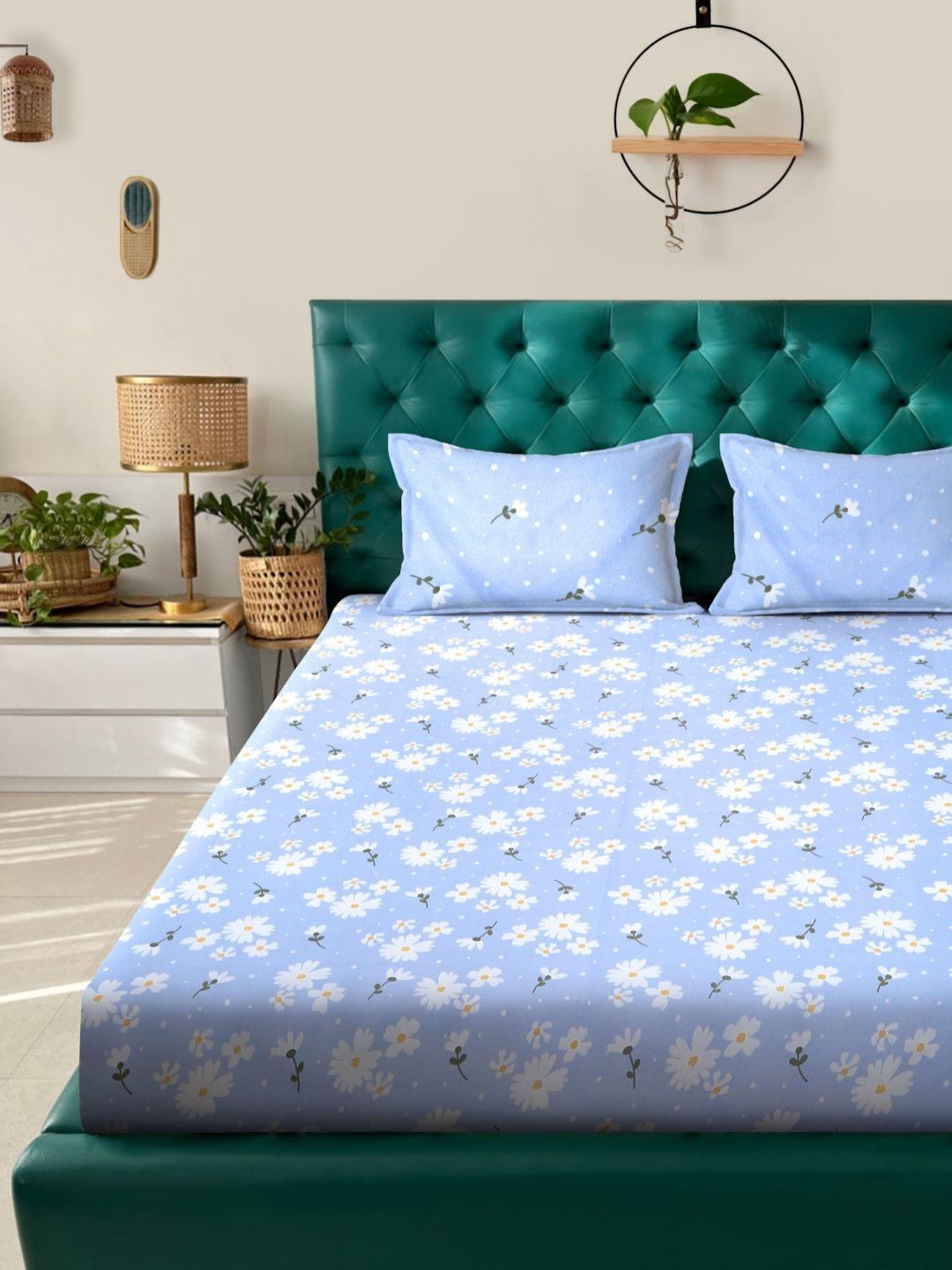 KLOTTHE Blue Floral Cotton 300 TC King Fine Bedsheet with 2 Pillow Covers-98 x 89 inches