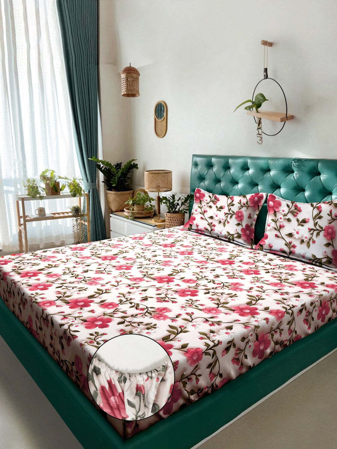 KLOTTHE Green & Pink Floral 300-Thread Count 7D-King Size Bedsheet With 2-Pillow Covers