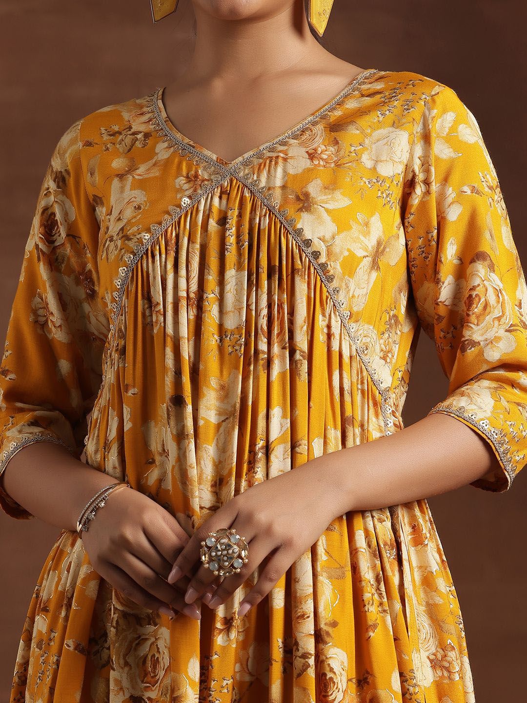 Libas Floral Printed Empire Sequinned A-Line Kurta With Palazzo & Dupatta