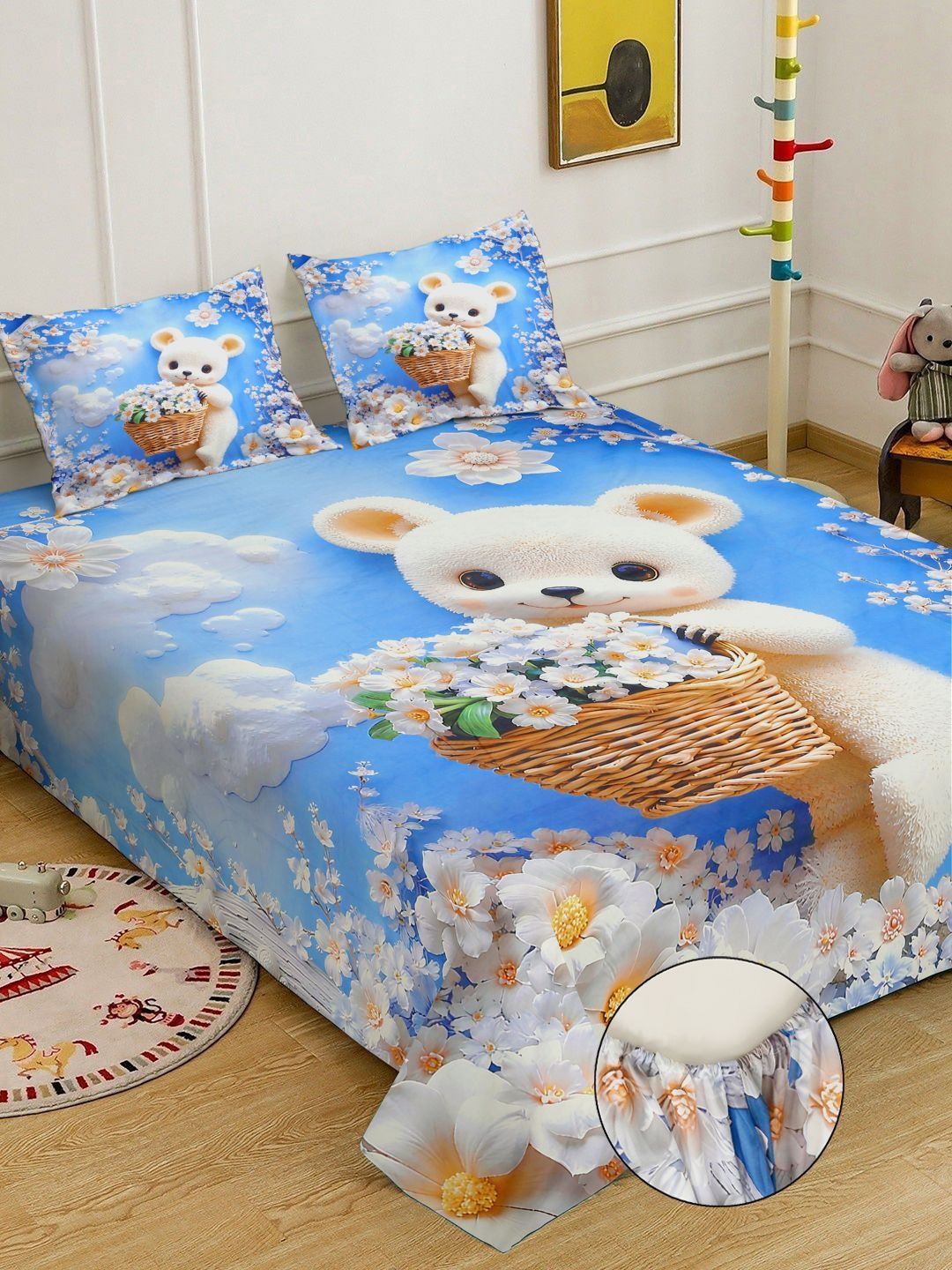 Klotthe Teddy Bear Printed 400 TC King Size 7D Bedsheet & 2 Pillow Covers- 2.50m x 2.25m