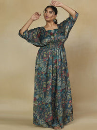 Mamicha Floral Print Kimono Sleeve Crepe Kaftan Maxi Dress