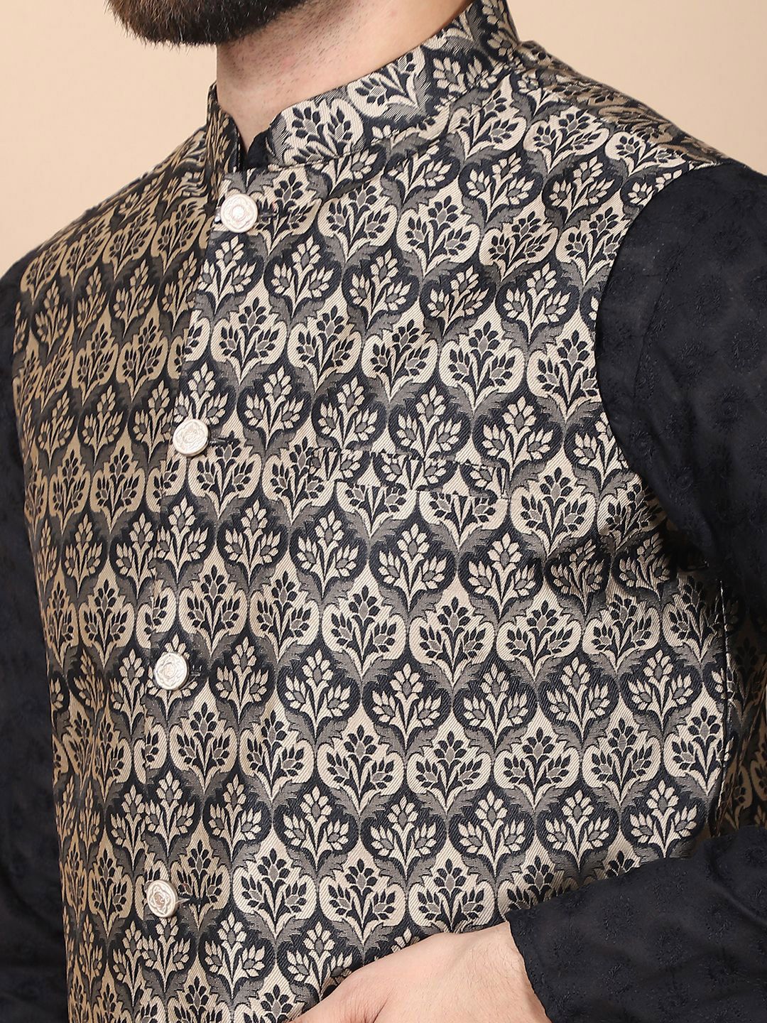 Anouk Black Floral Embroidered Thread Work Pure Cotton Kurta with Churidar & Nehru Jacket