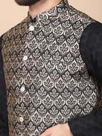 Anouk Black Floral Embroidered Thread Work Pure Cotton Kurta with Churidar & Nehru Jacket