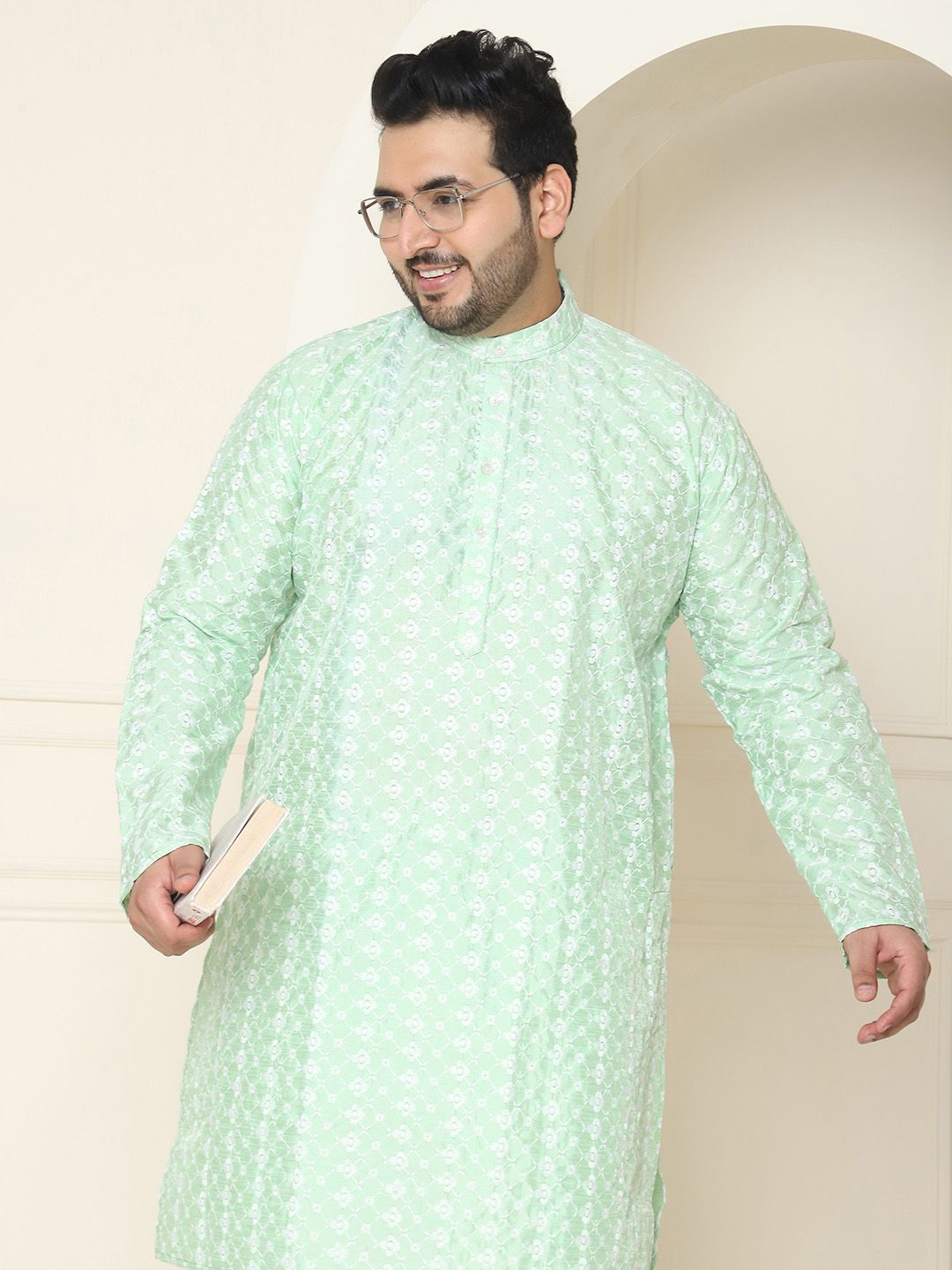 SOJANYA PLUS Size Floral Embroidered Band Collar Straight Kurta