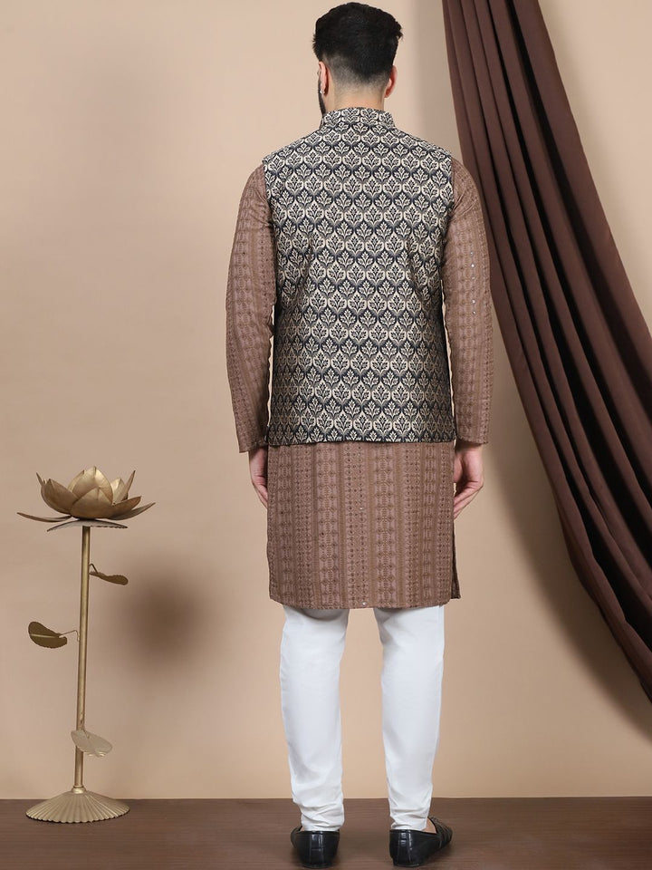 Anouk Embroidered Sequinned Pure Cotton Straight Kurta With Churidar & Nehru Jacket