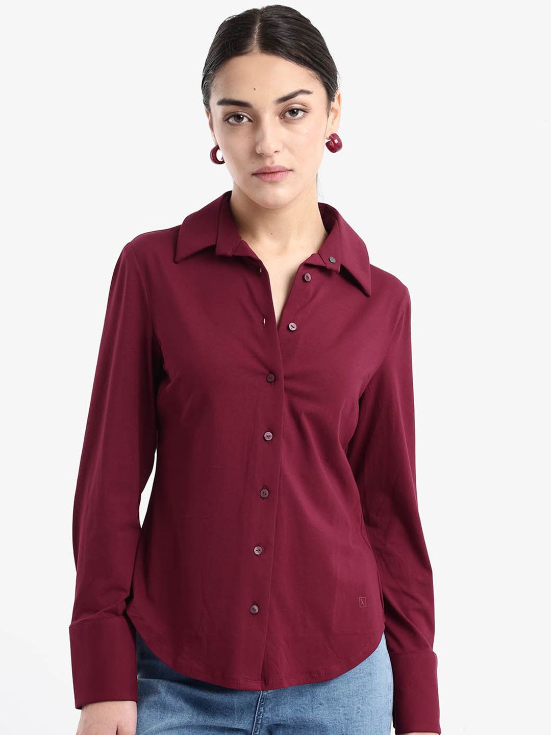 RAREISM Women Comfort Spread Collar Solid Cotton Formal Shirt