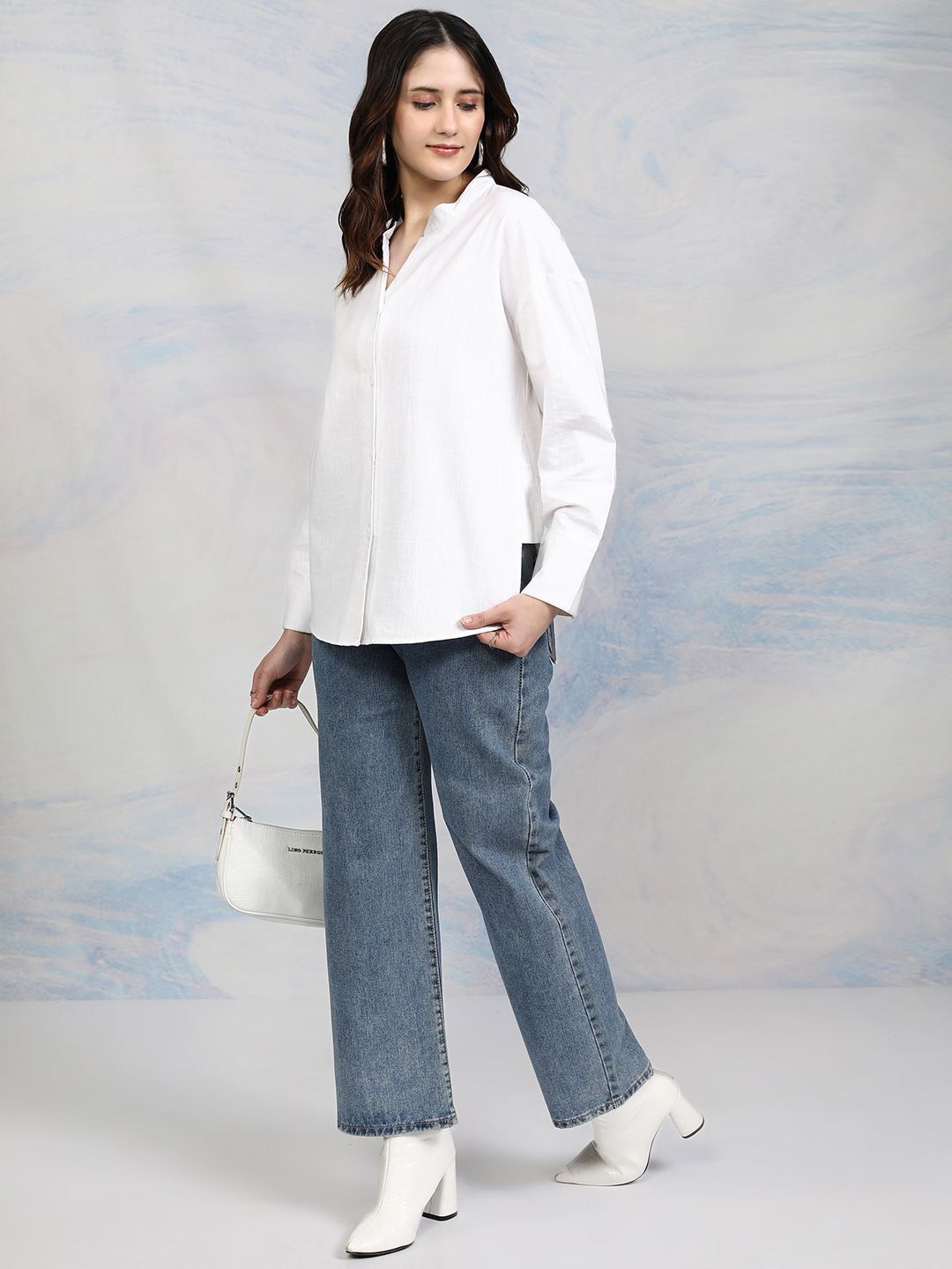 Tokyo Talkies Women Button Down Drop Shoulder Cotton Shirt