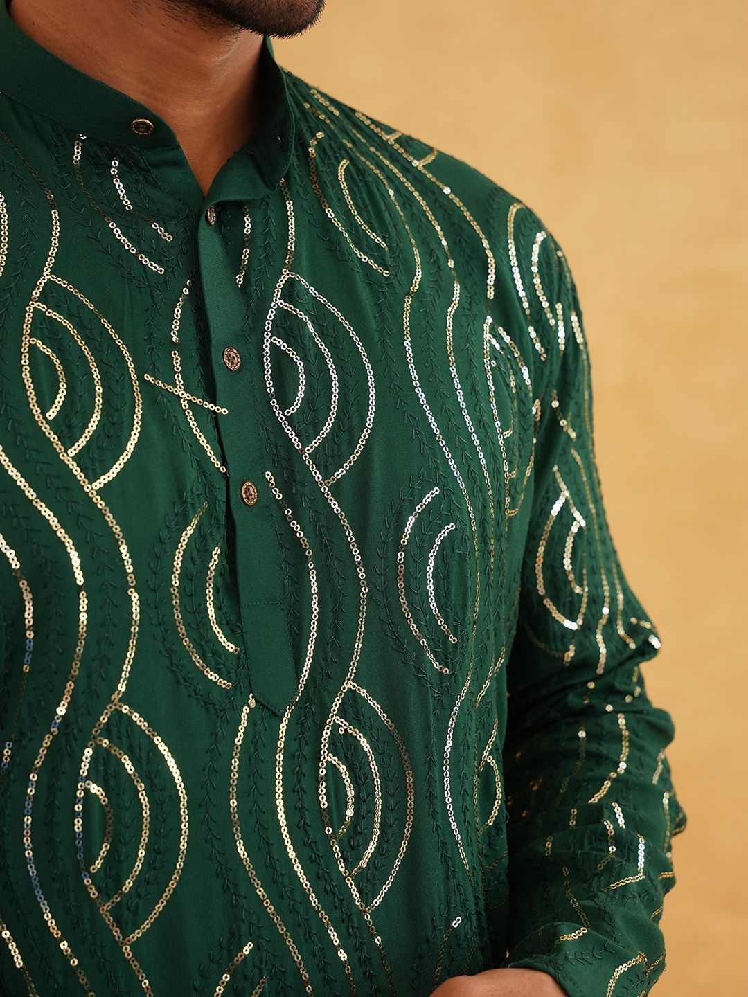 SOJANYA Leheriya Sequinned Band Collar Pure Cotton Straight Kurta With Churidar