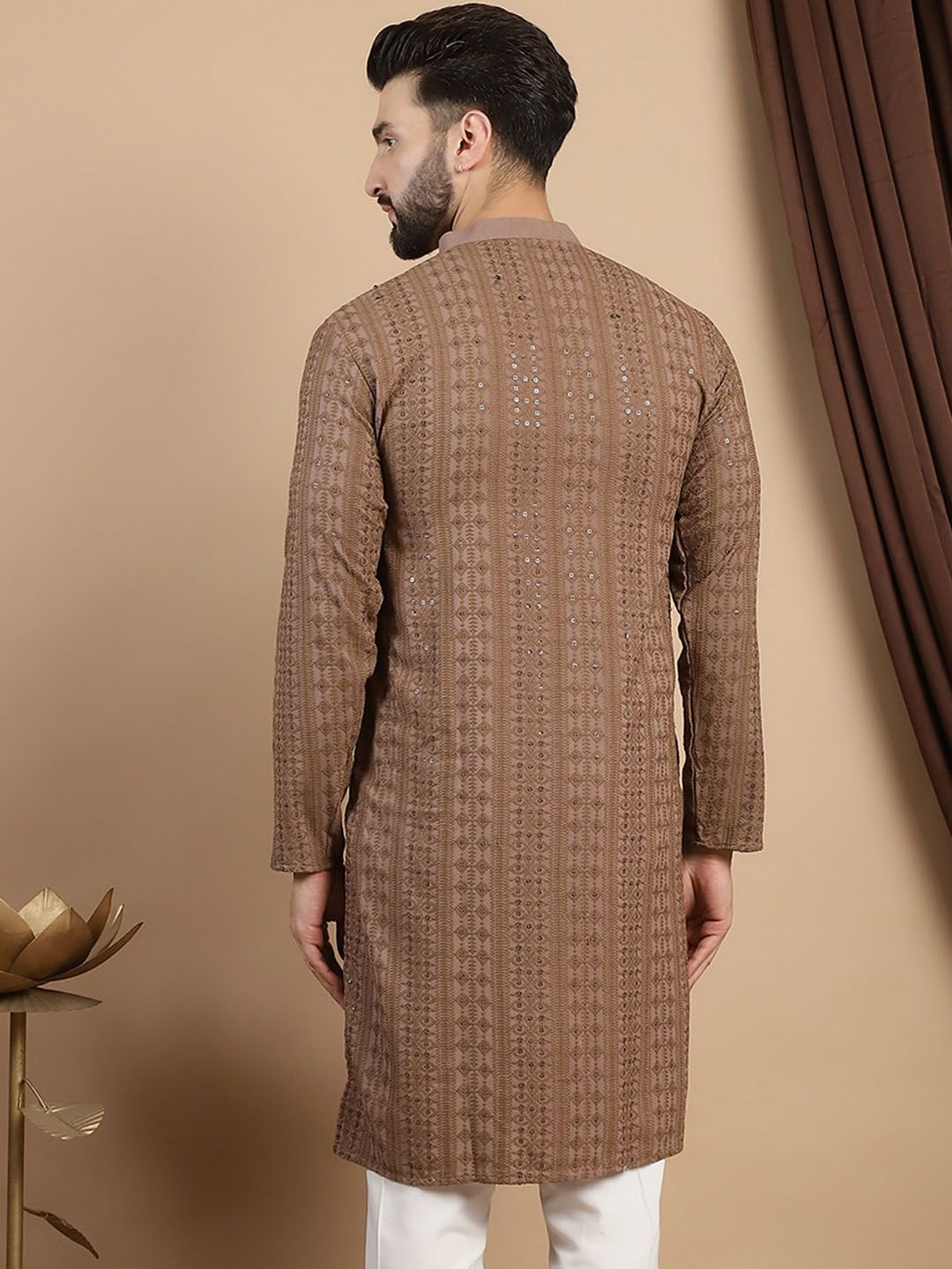 Anouk Brown Ethnic Embroidered Sequined Straight Pure Cotton Kurta