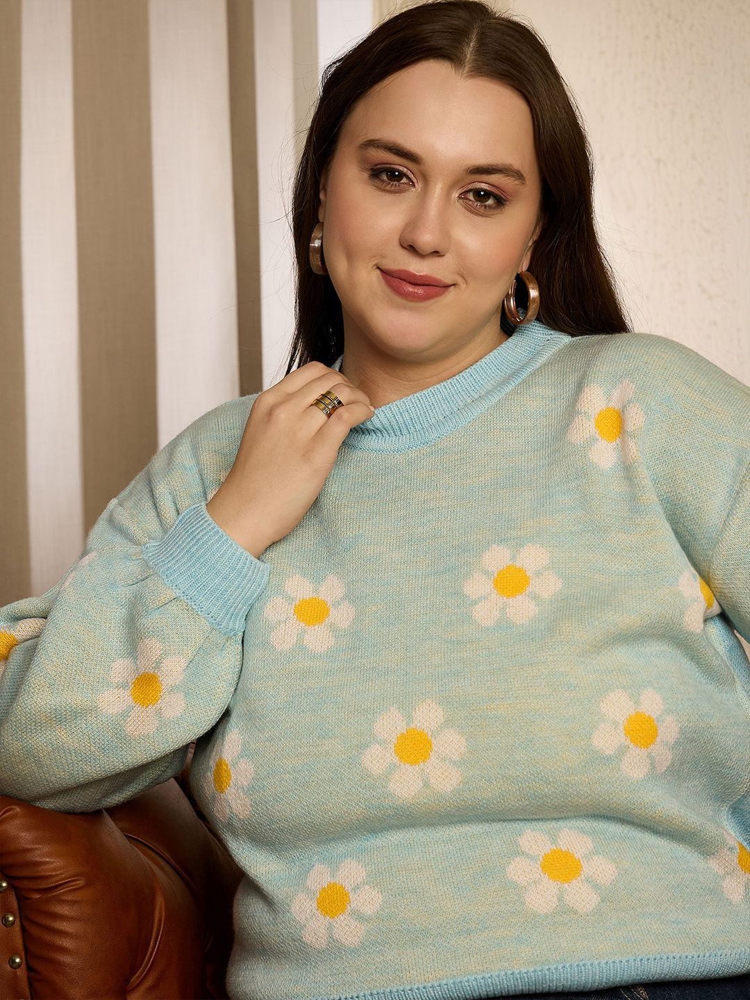 Berrylush Curve Women Floral Printed Ribbed Pullover