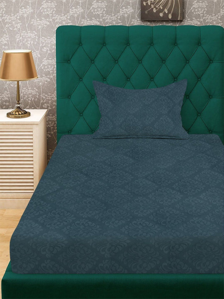 KLOTTHE Blue Embossed Fitted 300 TC Single Bedsheet With Pillow Cover- 2.25 m x 1.5 m