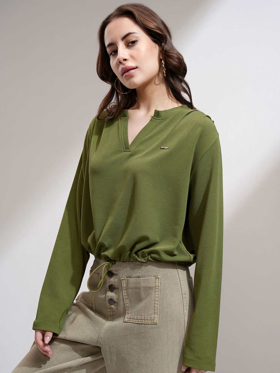Tokyo Talkies Women Solid V-Neck Full Sleeve Top
