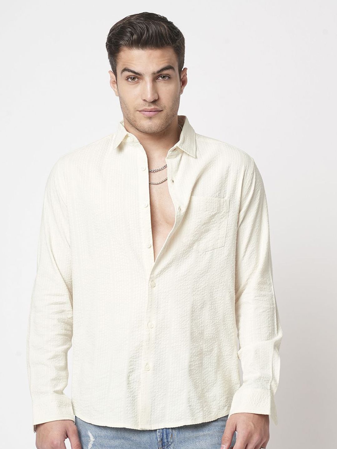 VASTRADO Men Spread Collar Textured Cotton Casual Shirt