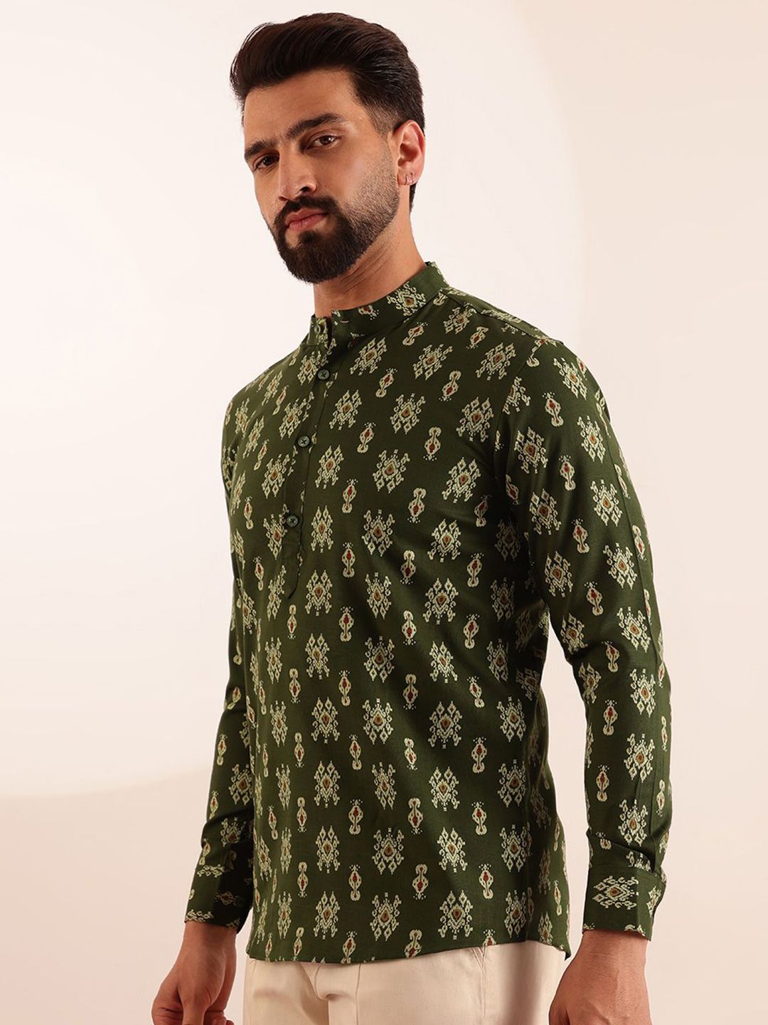 Anouk Men Ethnic Motifs Ikat Printed Mandarin Collar Short Kurta