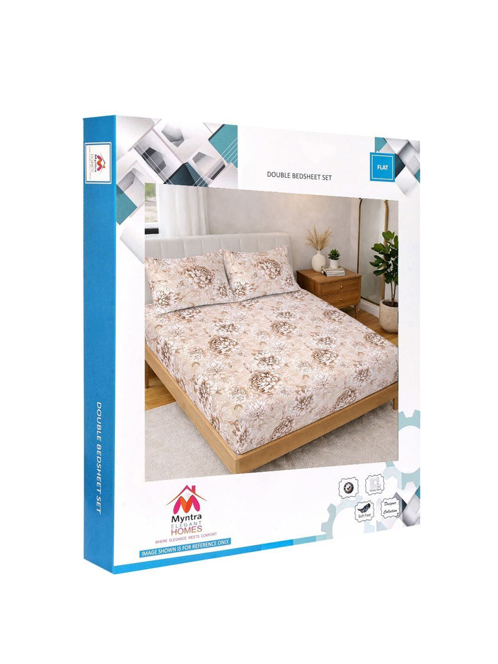 Myntra Elegant Homes Beige Floral 300 TC Super King Double Bedsheet dengan 2 Sarung Bantal