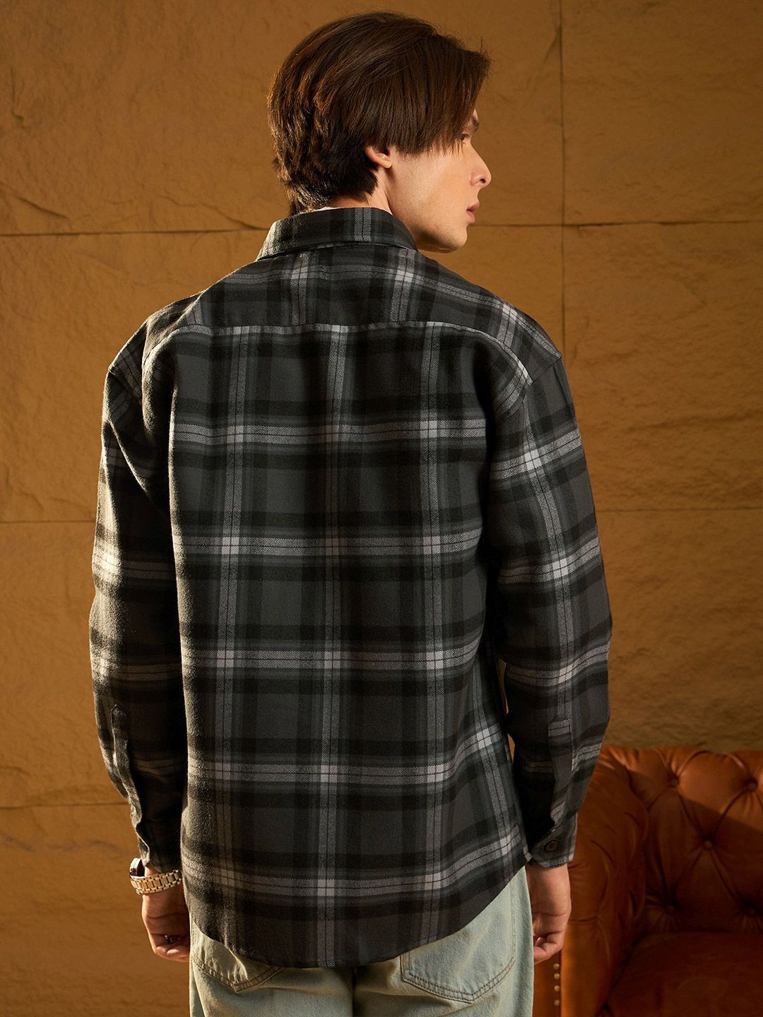 DENNISON Men Double Pocket Drop Shoulder Oversized Cotton Checked Shacket