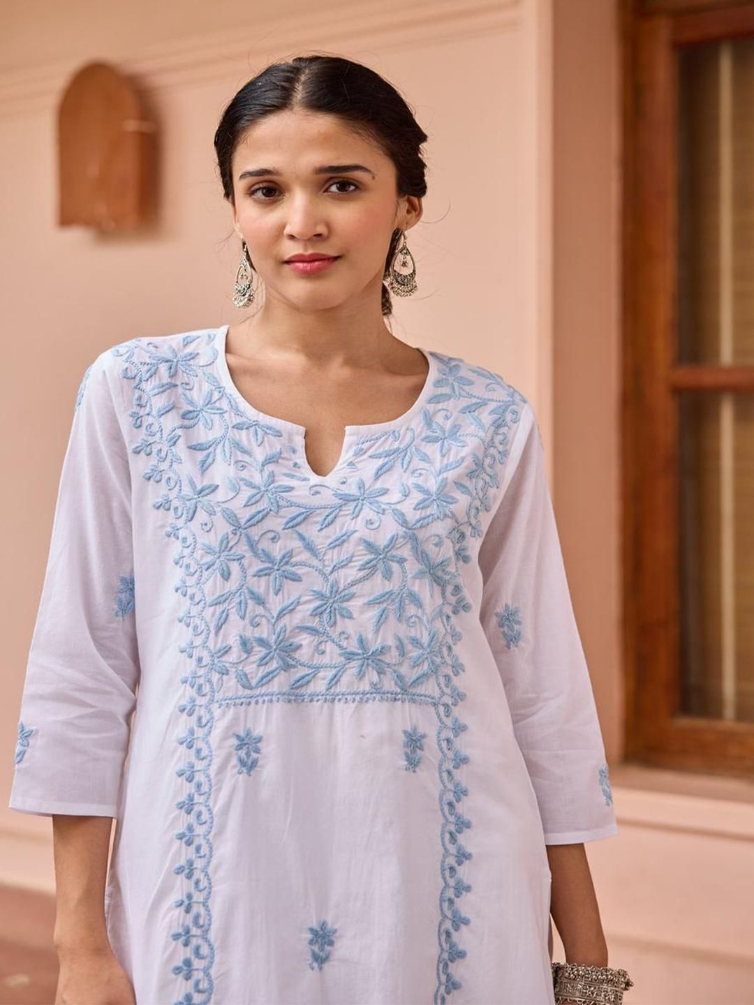 Rumah Wanita Chikankari Kapas Putih Chikankari Sulam Kurta