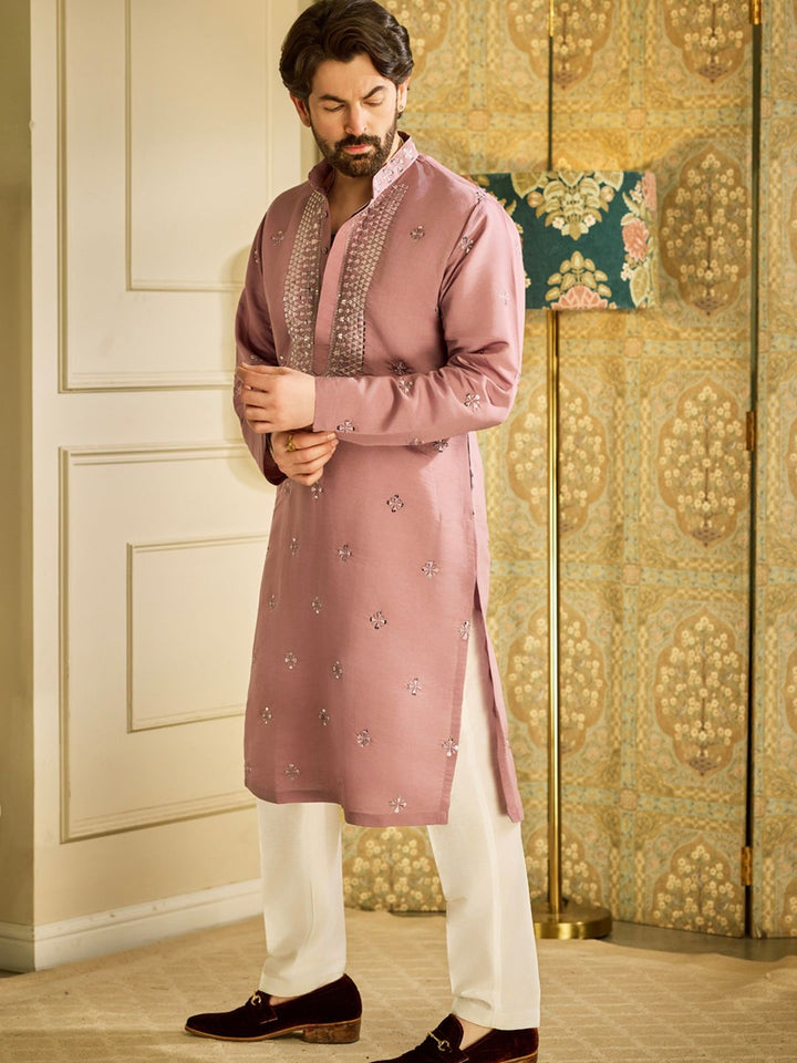 SOJANYA Floral Embroidered Mandarin Collar Mirror Work Cotton Silk Straight Kurta