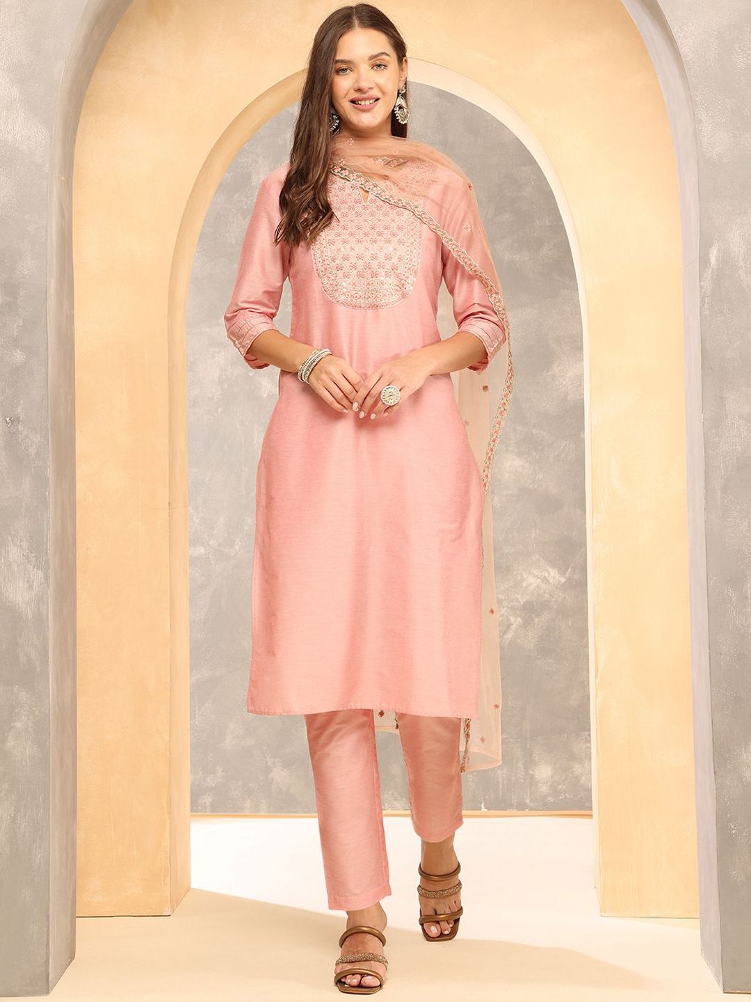 Anouk Peach-Coloured Floral Embroidered Sequinned Straight Kurta With Trousers & Dupatta