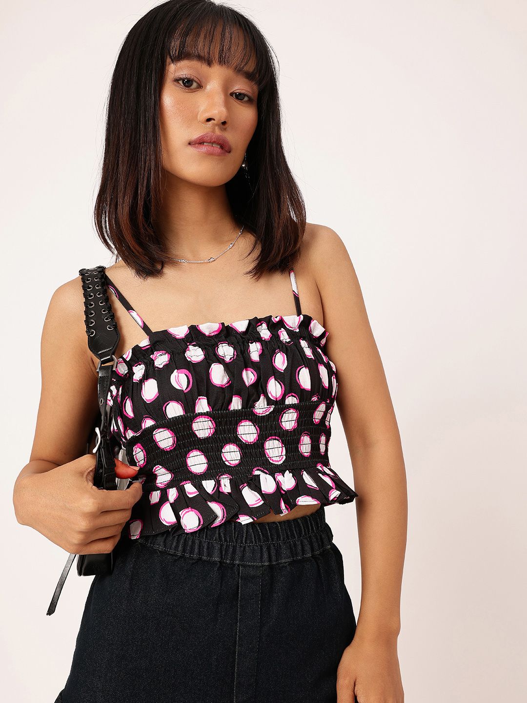 DressBerry Chic Charm Printed Ruched Gathers Smocked Crop Top