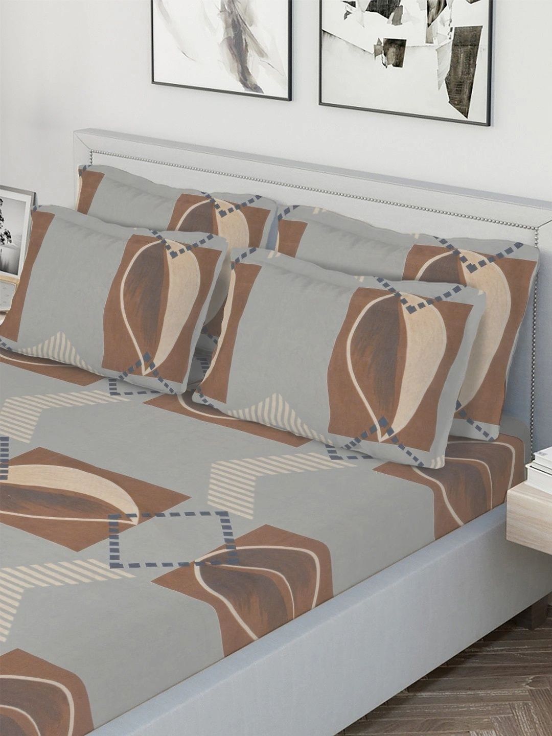 Myntra Elegant Homes Multicolor Geometric 300 TC King Double Bedsheet dengan 4 Sarung Bantal
